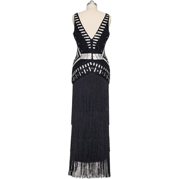 ✨🖤 Flapper Great Gatsby 1920s Retro Tassel Fringe Sequin Black Dress SIZE M NWT - Picture 4 of 17